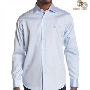 Roberto Cavalli Embroiled Logo Long Sleeve Light Blue Shirt size L
